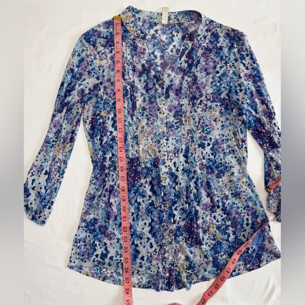 Per Seption Concept Blue Purple Floral Blouse 3/4 Sleeve Lightweight Top M - Picture 9 of 9